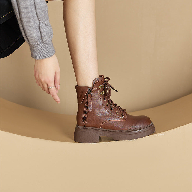 Vintage Top Leather Casual Fashion Double Zippers Lace Up Boots