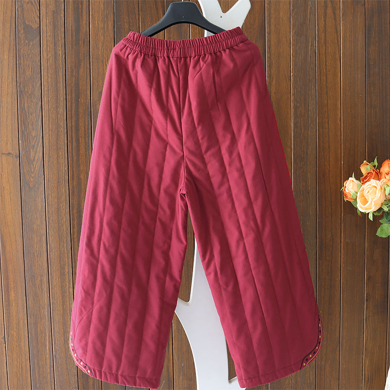 Women Winter Quilted Embroidered Warm Cotton Linen Straight-Leg Pants