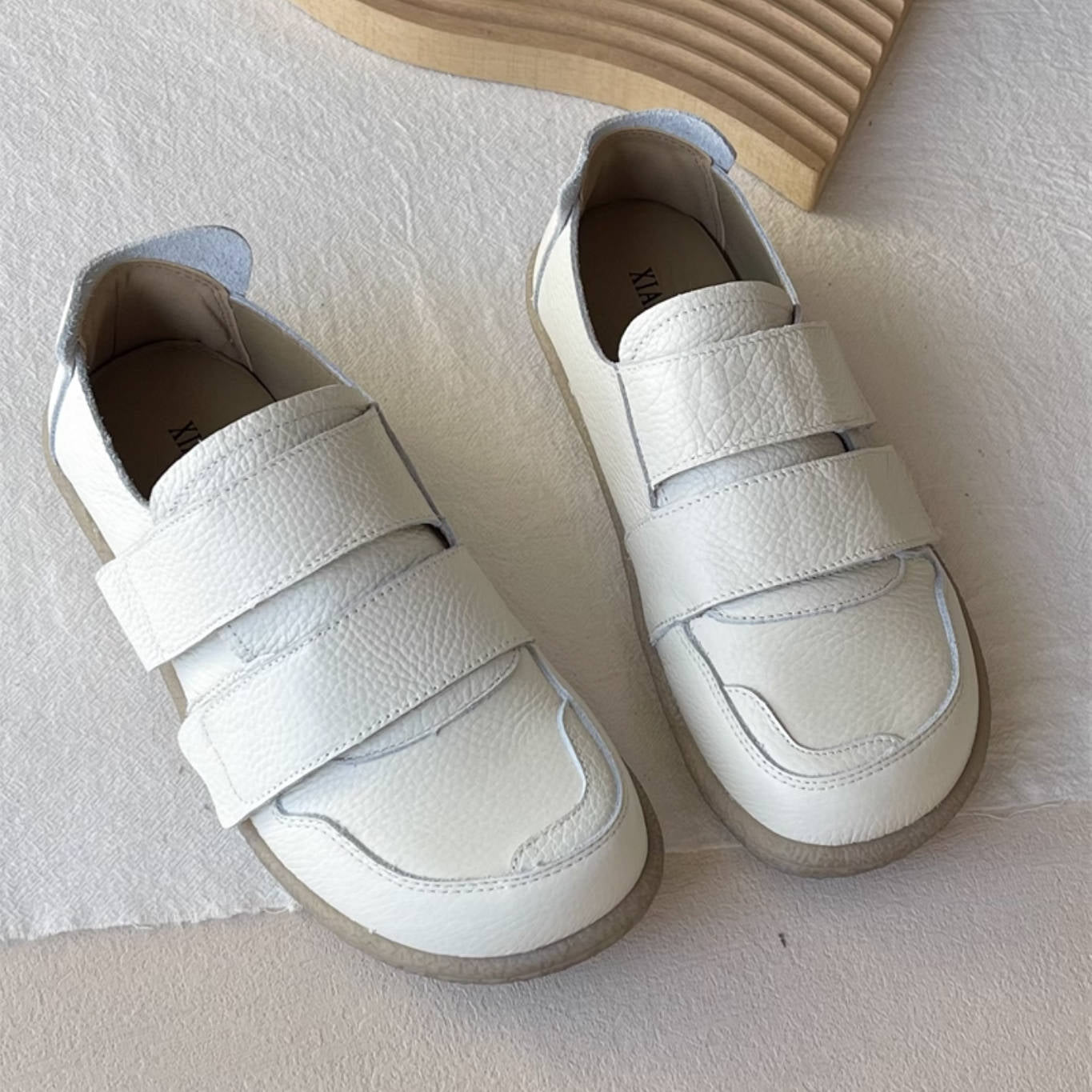 Retro Leather Round Toe Velcro Soft Flat Sole Slip-On Shoes