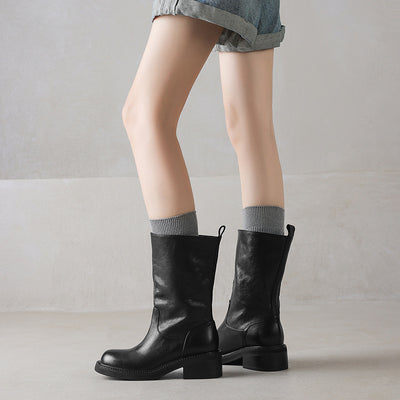 Genuine Leather Minimalist Washed Women Fur Lined Mid Calf Boots