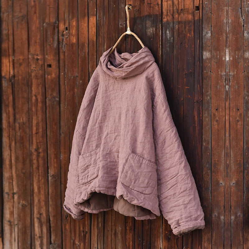 Women Warm Linen Loose High Neck Cotton-In Pullovers