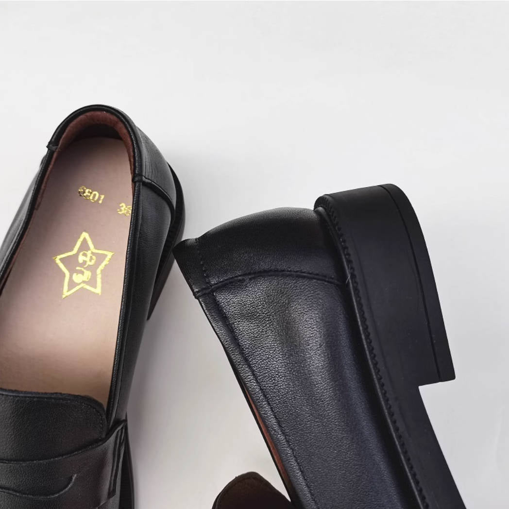 Ballerines rétro en cuir véritable, bout rond large, semelle souple, à enfiler