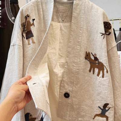 Autumn Linen Embroidered V-Neck Loose Casual Cute Coat
