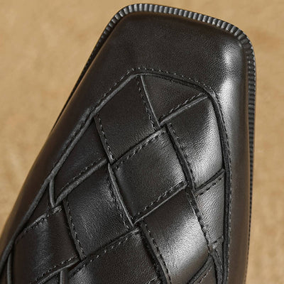 Elegant Leather Woven Square Toe Lace-Up Flat Shoes