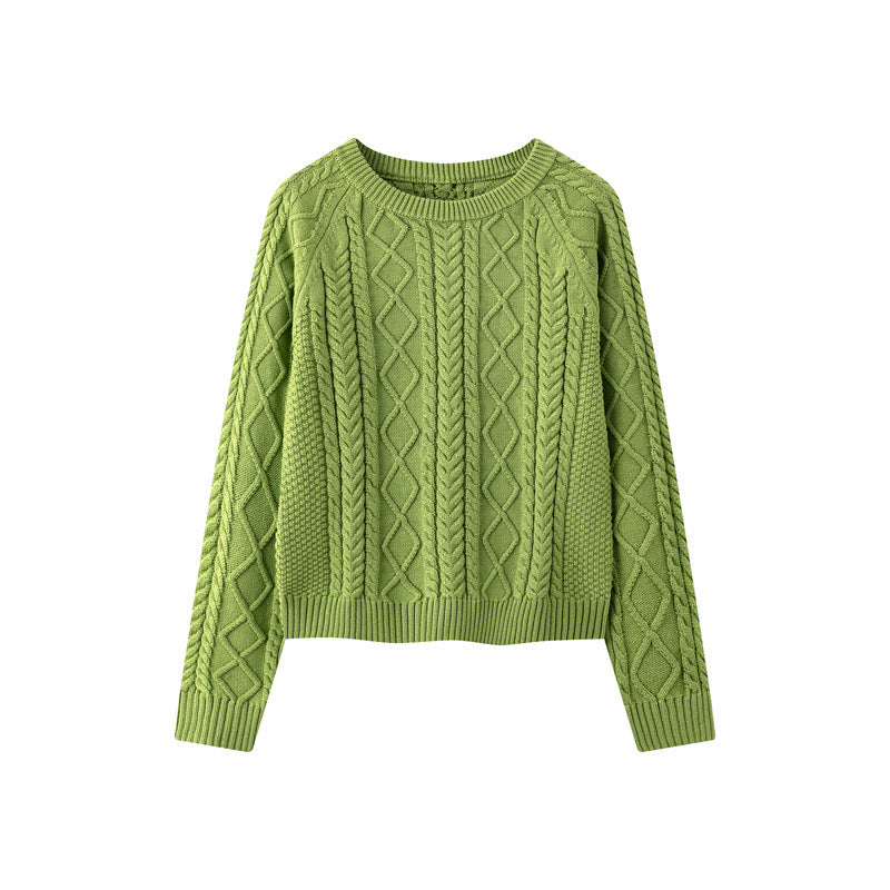 100% Cotton Solid Color Round Neck Cable-Knit Loose Sweater