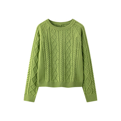 100% Cotton Solid Color Round Neck Cable-Knit Loose Sweater