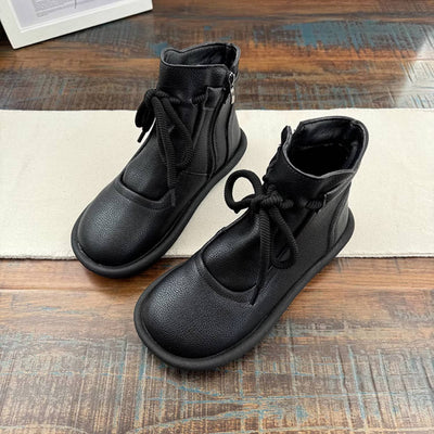 Women Retro Leather Round Toe Lace-Up Zipper Ankle Boots