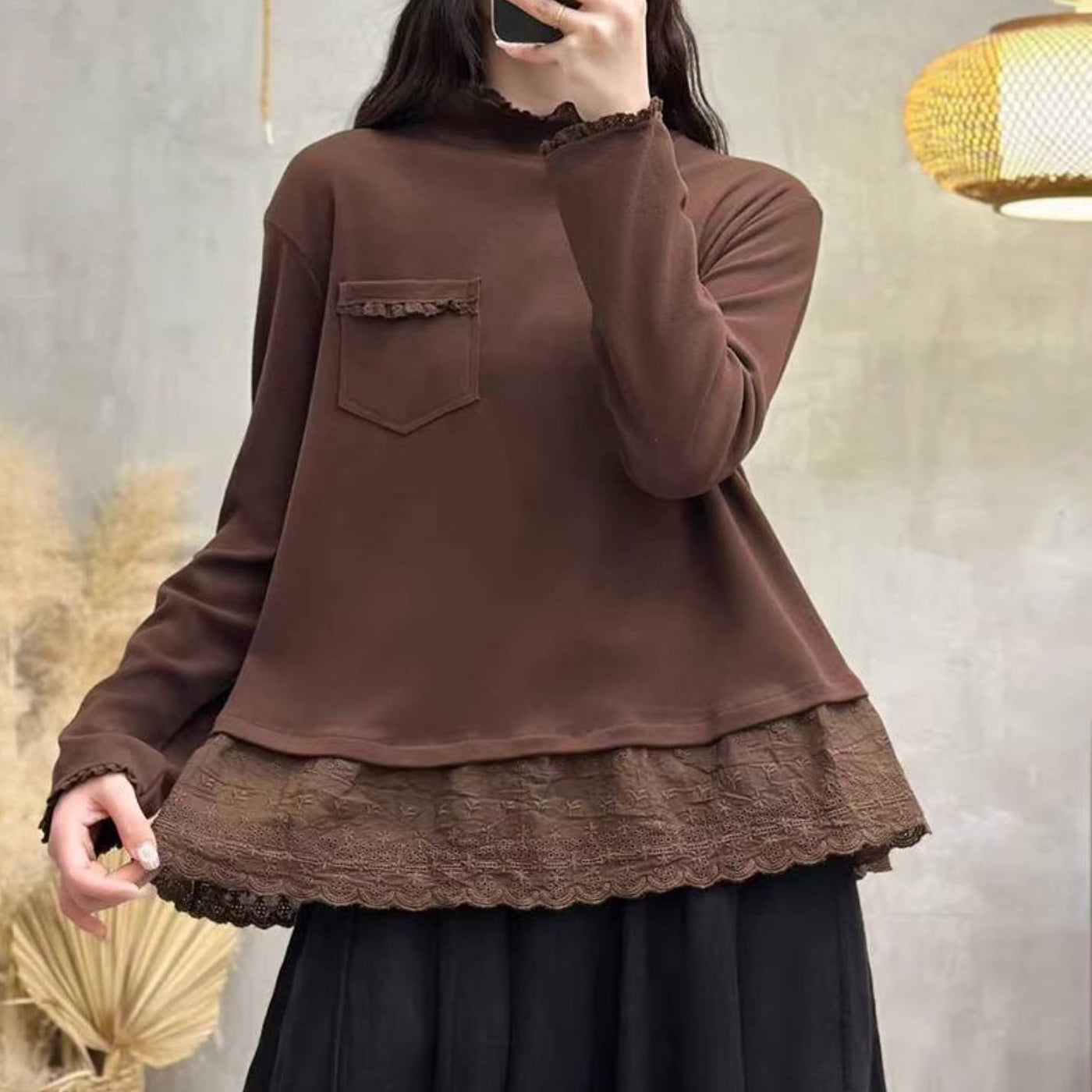 Autumn Retro Solid Color Pocket Lace Patchwork Pullover