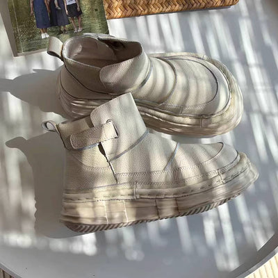 Retro Leather Wide Toe Platform Soft Sole Casual Ankle Boots