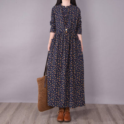 Retro Linen Stand Collar Floral Printed Casual A-Line Dress