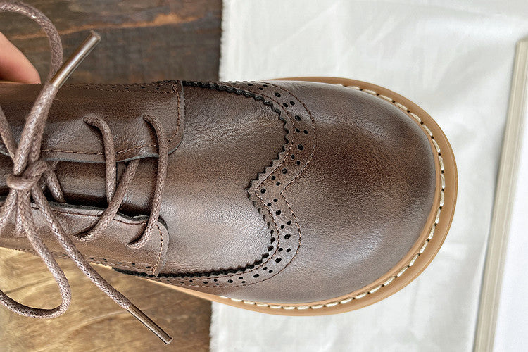 Babakud Women Autumn Retro Leather Lace- Up Casual Shoes