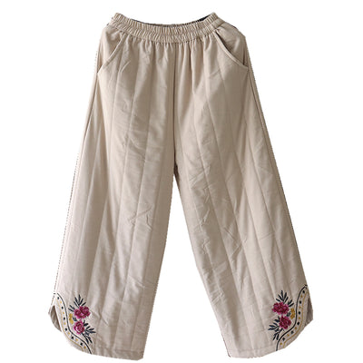 Women Winter Quilted Embroidered Warm Cotton Linen Straight-Leg Pants