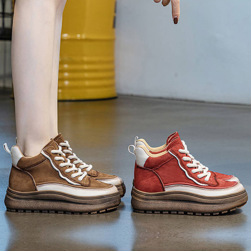Top Leather Retro Patchwork Sueded Platform Casual Shoes