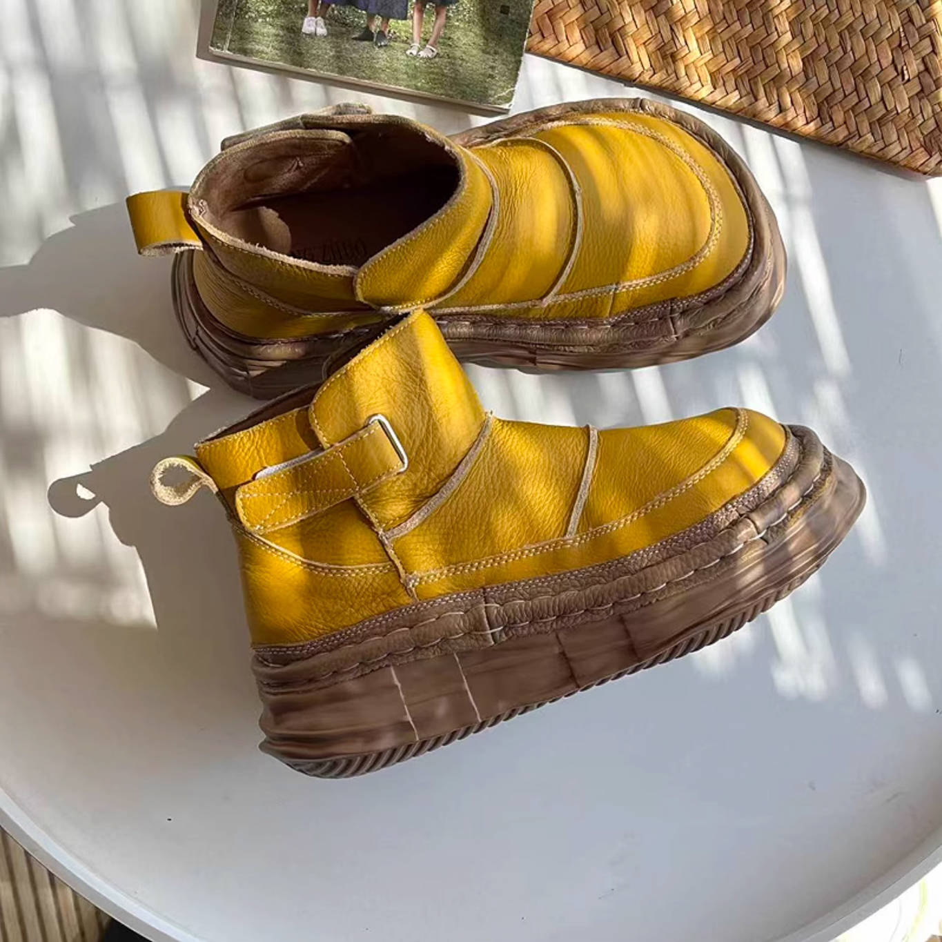 Retro Leather Wide Toe Platform Soft Sole Casual Ankle Boots