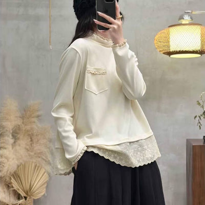 Autumn Retro Solid Color Pocket Lace Patchwork Pullover