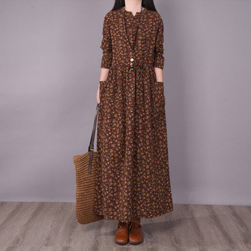 Retro Linen Stand Collar Floral Printed Casual A-Line Dress