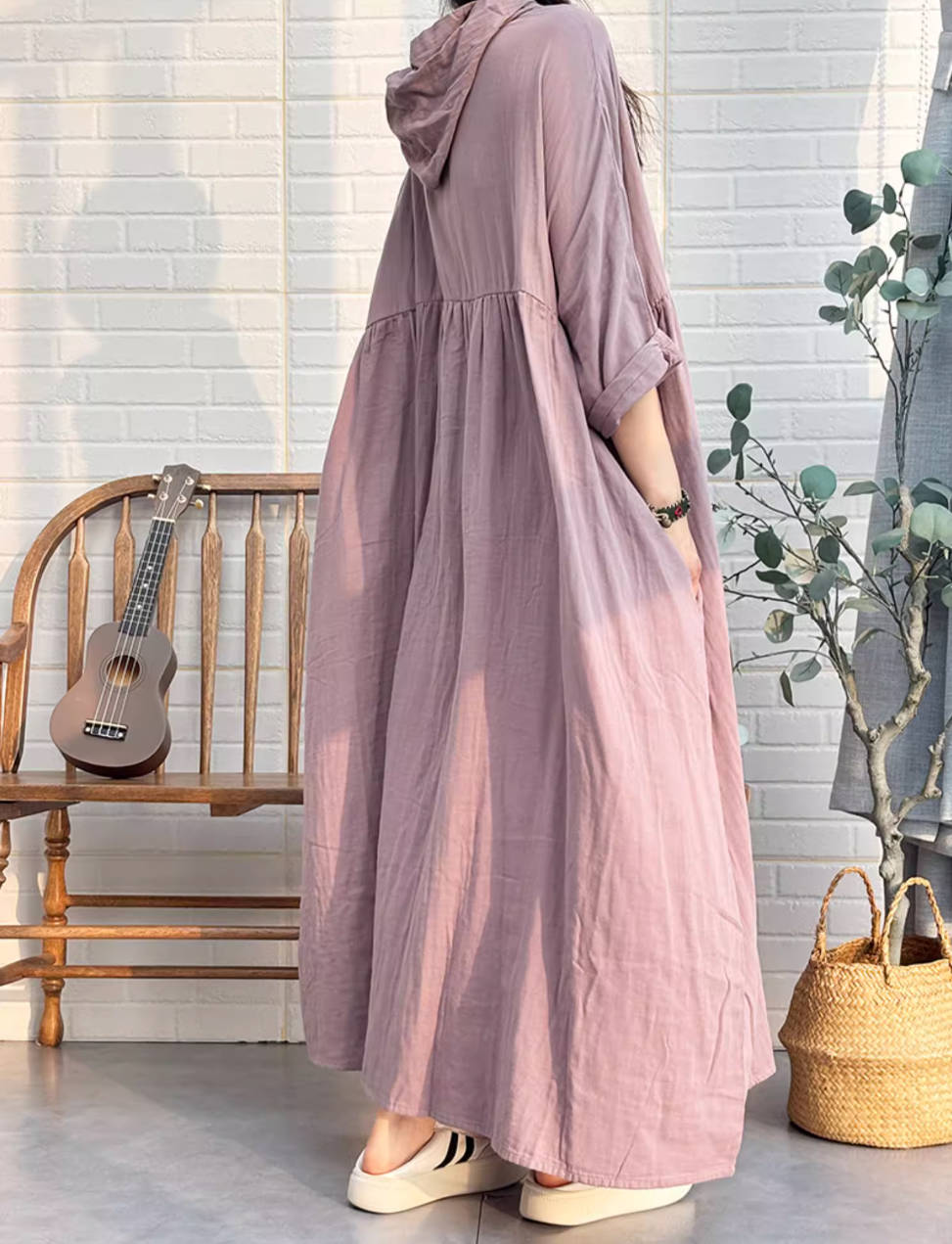 Retro Cotton Embroidered Plus Size Loose Hoodies Dress With Pockets