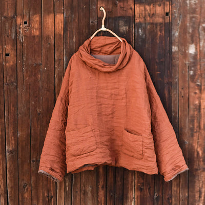 Women Warm Linen Loose High Neck Cotton-In Pullovers