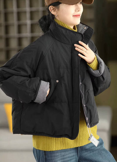 Chaqueta corta de plumón con cuello alto y cuadros de algodón cálido para invierno