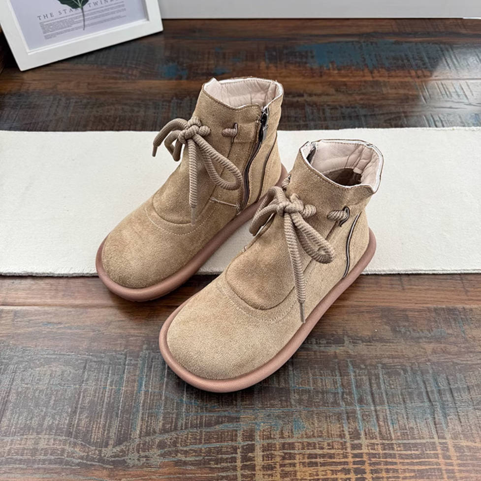 Women Retro Leather Round Toe Lace-Up Zipper Ankle Boots