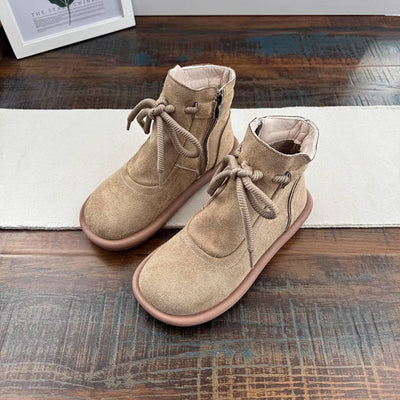 Women Retro Leather Round Toe Lace-Up Zipper Ankle Boots