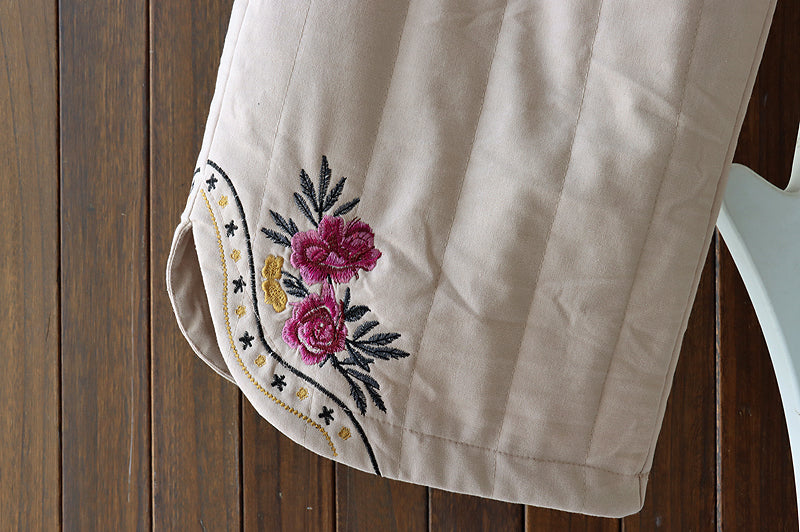 Women Winter Quilted Embroidered Warm Cotton Linen Straight-Leg Pants