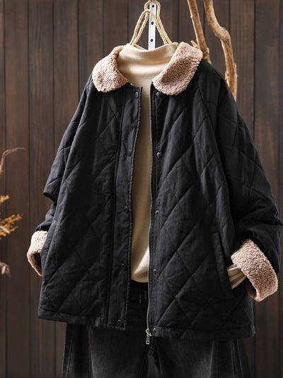 Winter Warm Shearling Collar Patchwork Cotton-In Casual Coat