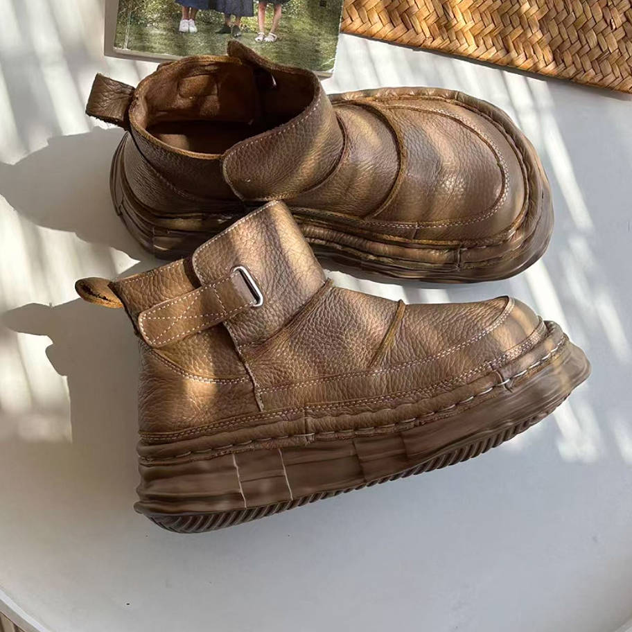 Retro Leather Wide Toe Platform Soft Sole Casual Ankle Boots