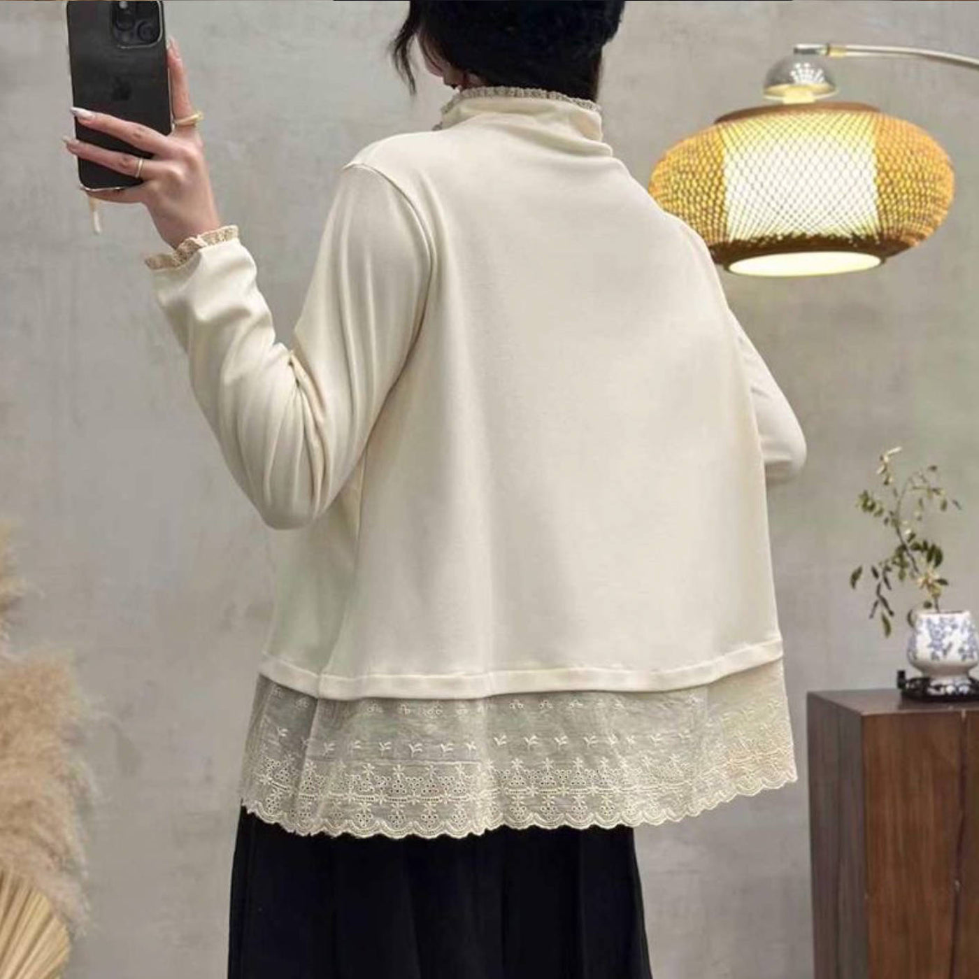 Autumn Retro Solid Color Pocket Lace Patchwork Pullover