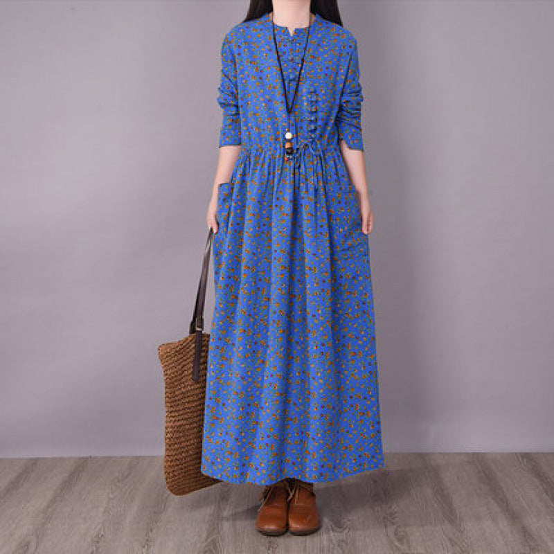 Retro Linen Stand Collar Floral Printed Casual A-Line Dress