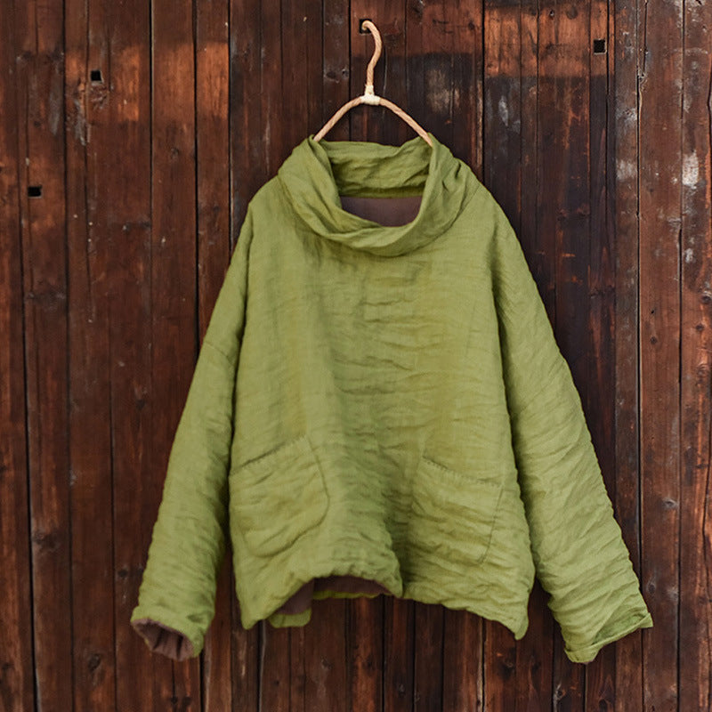 Women Warm Linen Loose High Neck Cotton-In Pullovers