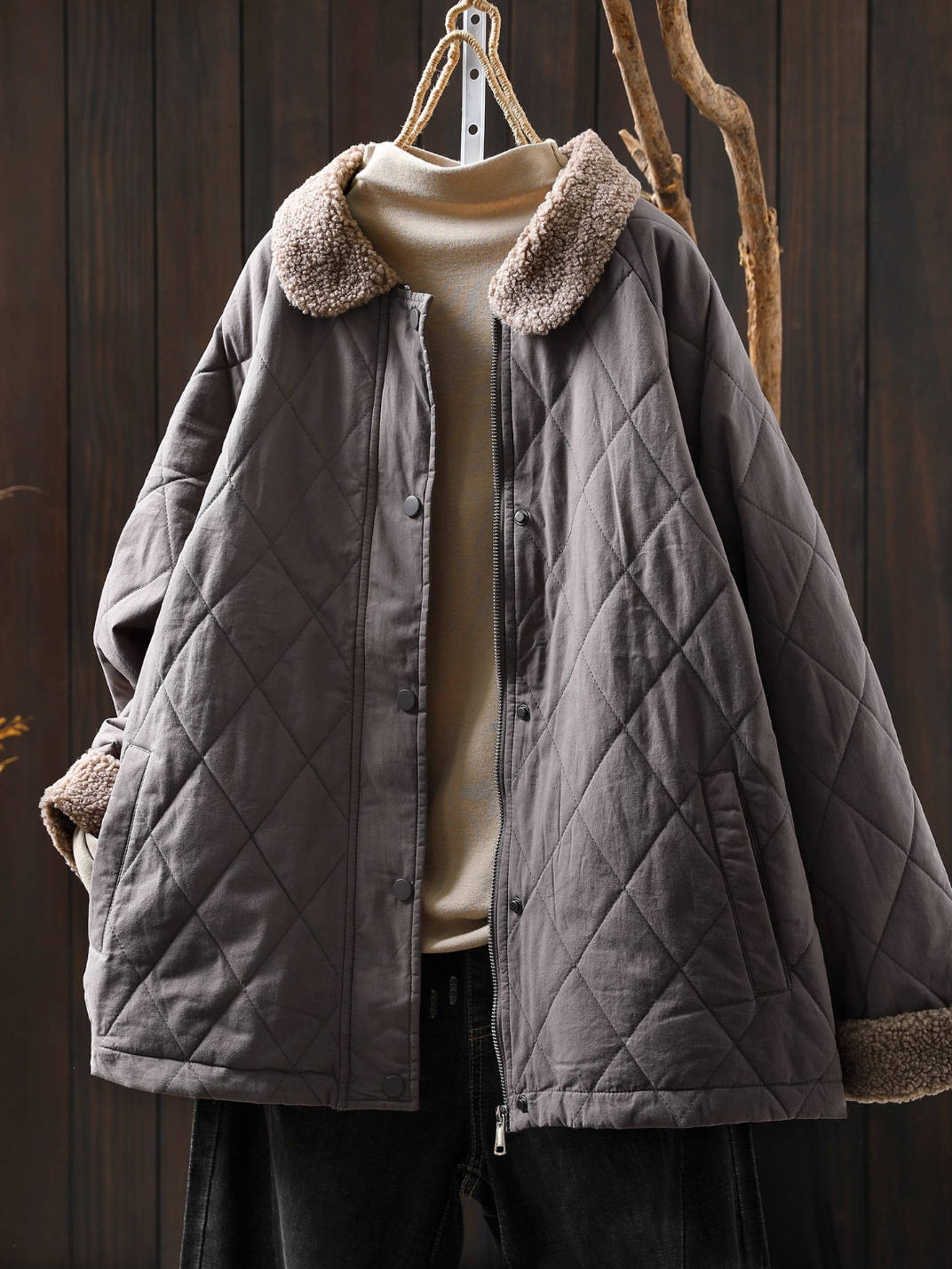Winter Warm Shearling Collar Patchwork Cotton-In Casual Coat