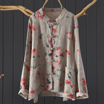 Women Spring Vintage Floral Long Sleeve Cotton Blouse