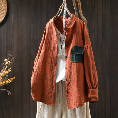Women Spring Retro Colorblock Pocket Cotton Blouse