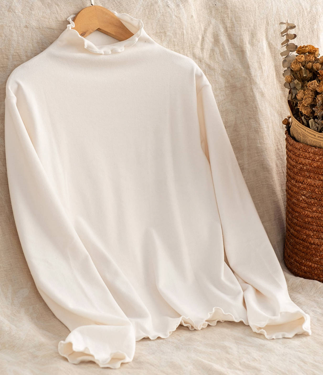 Women 100% Cotton Ruffled Collar Soft Slim Long Sleeves Tops