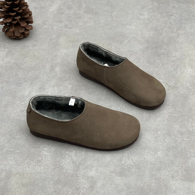 Winter Sheepskin Leather Retro Round Toe Fleece-Lined Flats