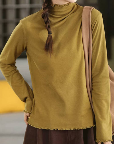 Women 100% Cotton Ruffled Collar Soft Slim Long Sleeves Tops