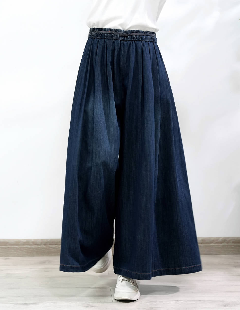 Women Retro Denim Blue Loose High Elastic Waist Lace-Up Jeans