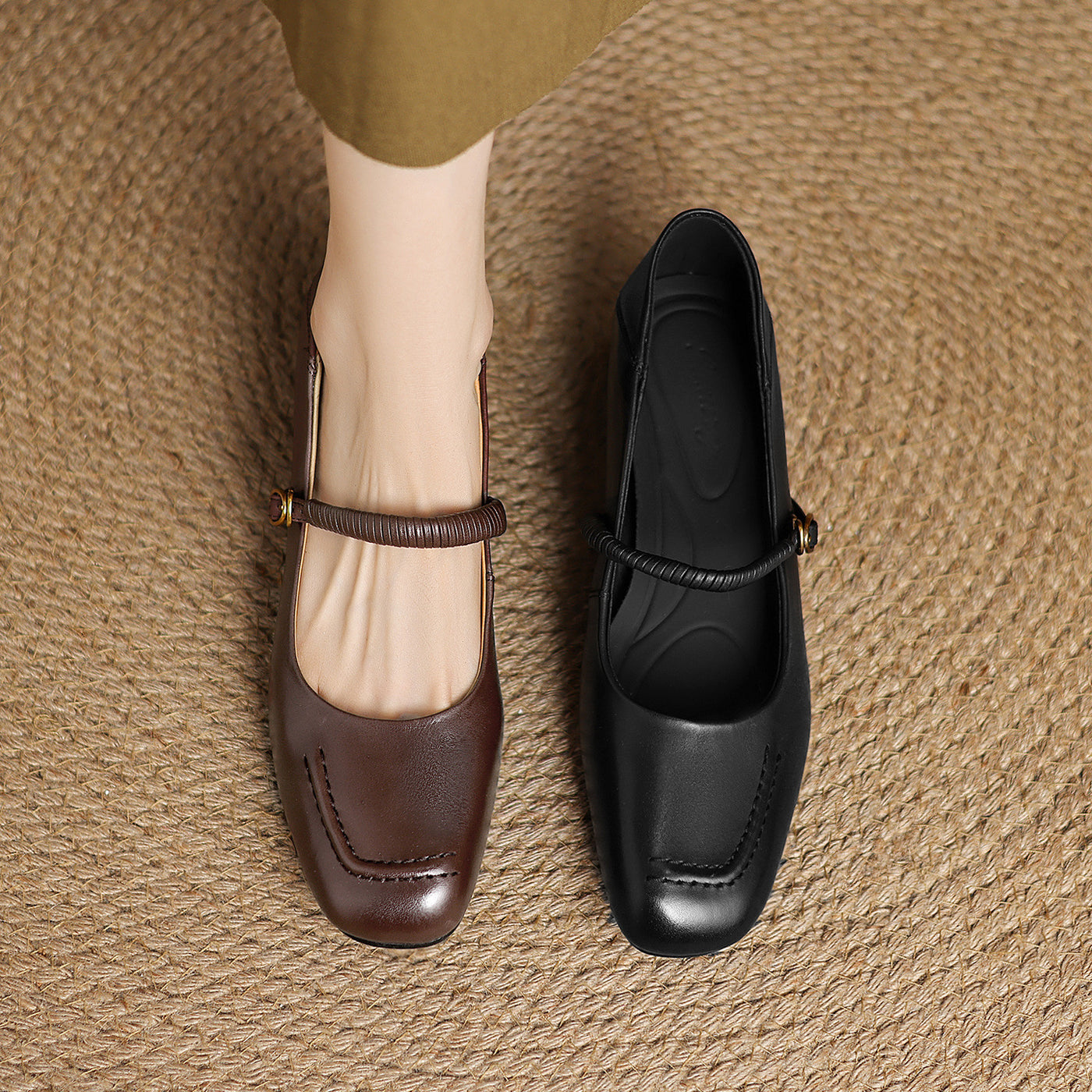 Vintage Leather Square Toe One Straped Chunky Shoes