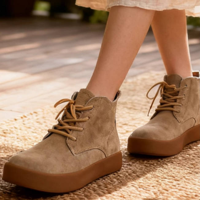 Casual Sueded Leather Platform Round Toe Lace-Up Boots