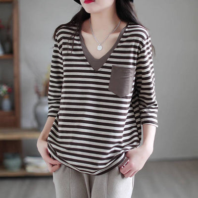 100% Cotton V-Neck Striped Pocket 3/4 Sleeves Pull-overs