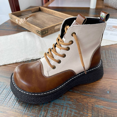 Women Retro Leather Patchwork Platform Lace-Up Ankle Boots