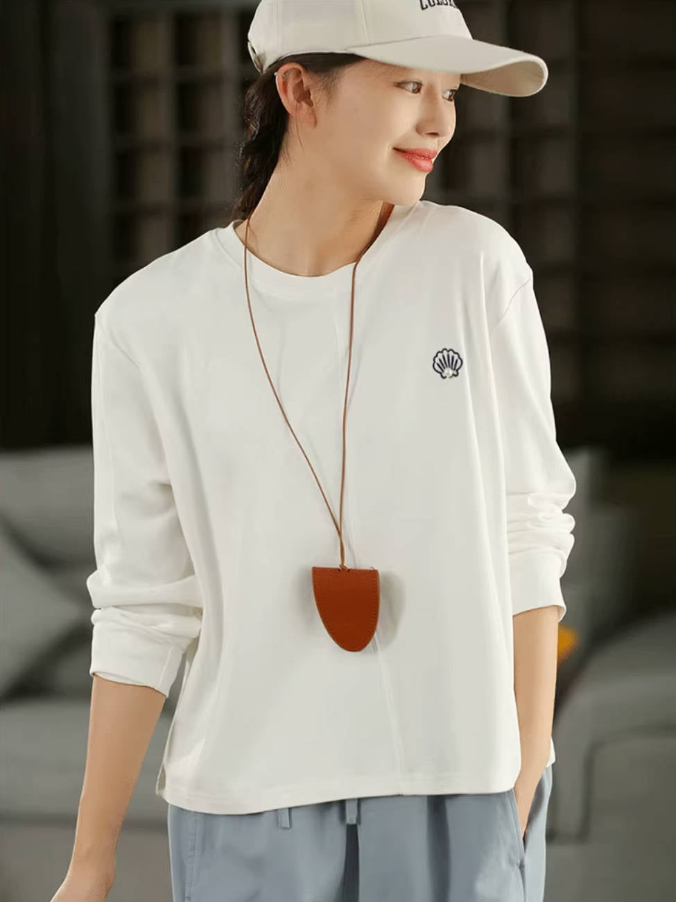 Versatile Cotton Round Neck Embroidered Pearl Long Sleeves Shirt