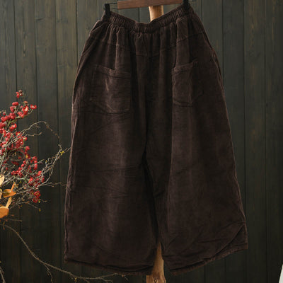 Women Winter Vintage Corduroy Tie-Waist Quilted Wide-Leg Pants