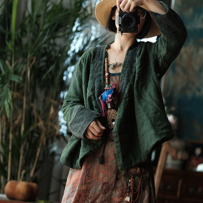 Women Retro Autumn Linen Thick V-Neck Plus Size Coat