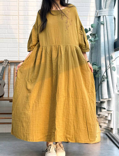 Retro Cotton Embroidered Lantern Sleeves Plus Size Dress