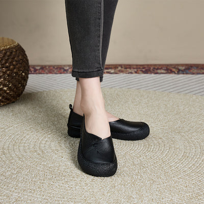 Genuine Leather Round Toe Rubber Soft Sole Shallow Flats