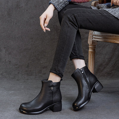 Genuine Leather Retro Elegant Chunky Versatile Zipper Ankle Boots