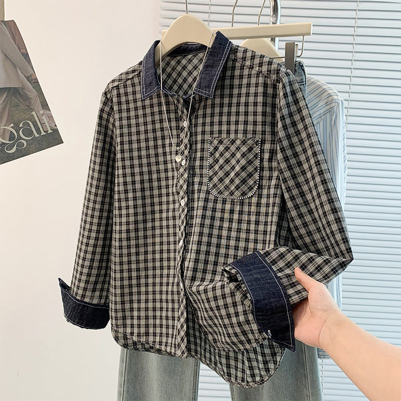Vintage Plaid Denim Patchwork Long Sleeve Loose Shirt