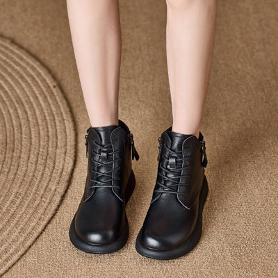 Autumn Winter Retro Leather Round Toe Double-Zipper Boots